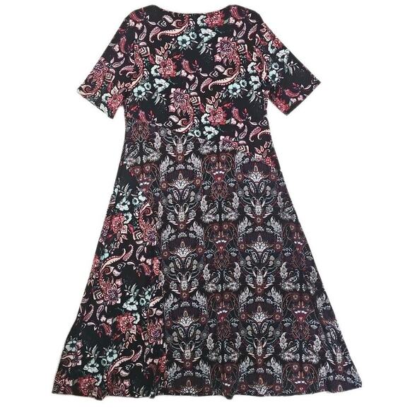 Chico’s ~Woman Size 2 (US 12)~ Black/Red Floral Print Short Sleeve Midi Dress. - Picture 6 of 13
